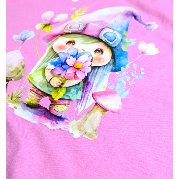 Cute - Gnome with Flowers - Graphic Tee - Pink - Size S - NWOT All Genders - Picture 5 of 7